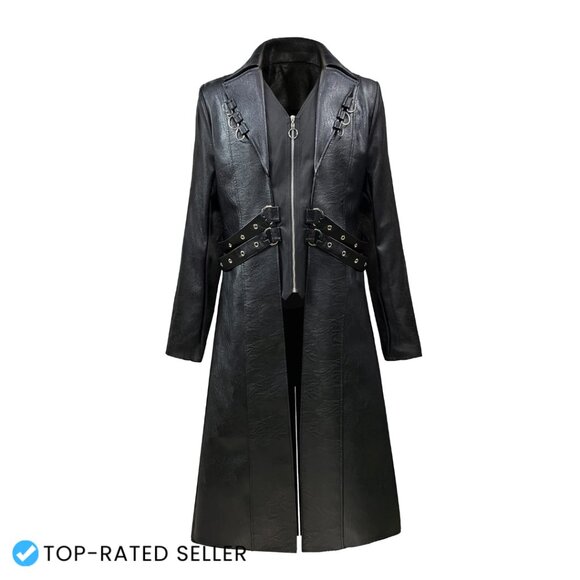 Men's Faux Leather Trench Coat Punk Gothic Motorcycle Jacket Long Sleeve